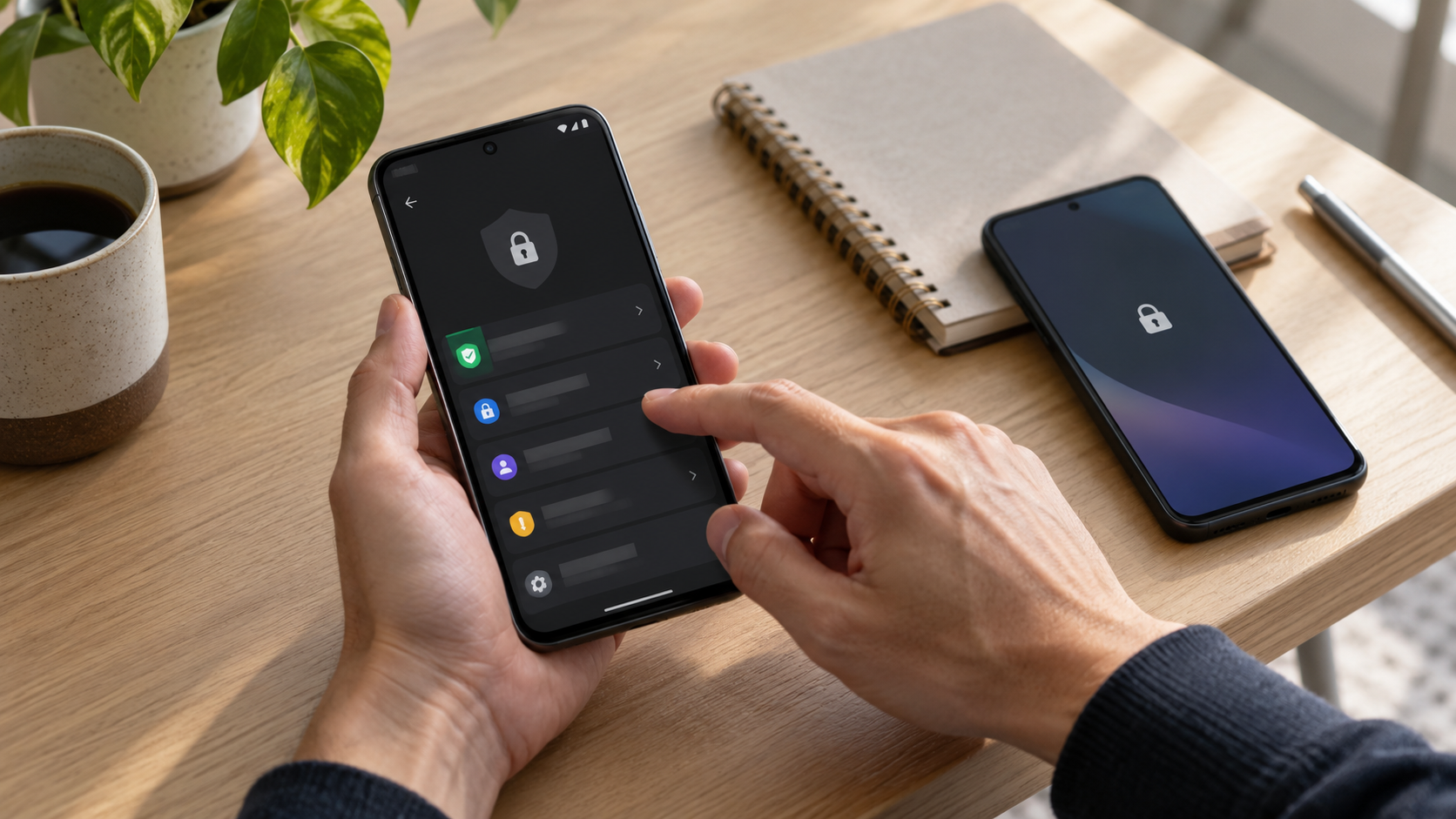 Hands reviewing generic Android privacy controls on two phones
