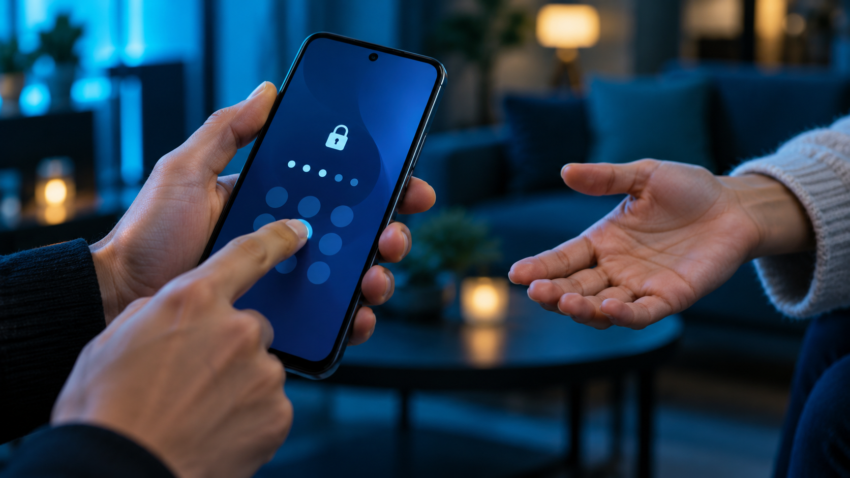 Hands testing a phone app-entry lock before a temporary loan