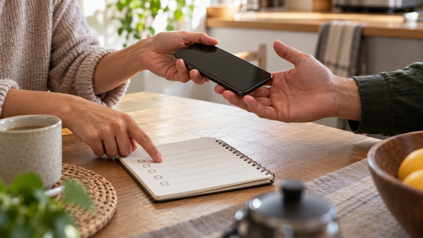 Hands transferring a temporarily loaned Android phone beside a privacy checklist