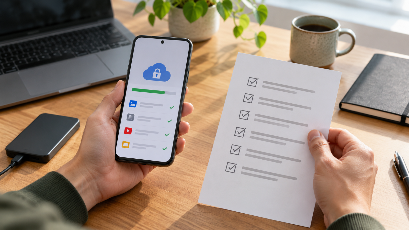 Hands comparing an Android backup state with a recovery checklist