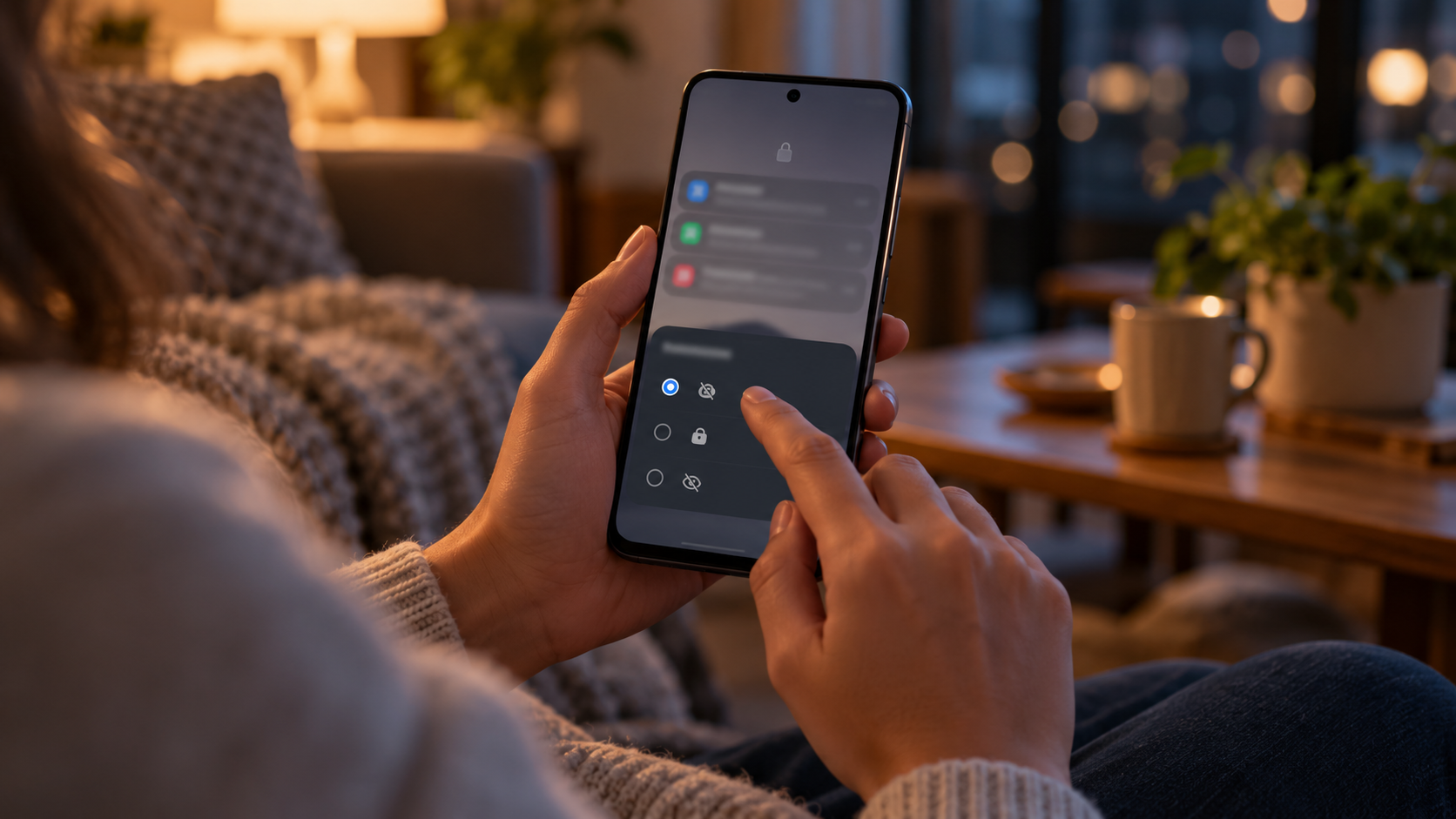 Hands hiding notification previews on a loaned Android phone
