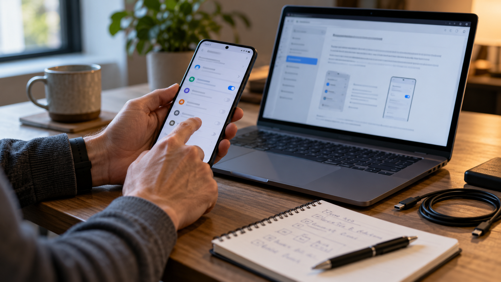 Hands troubleshooting Android privacy settings beside official guidance
