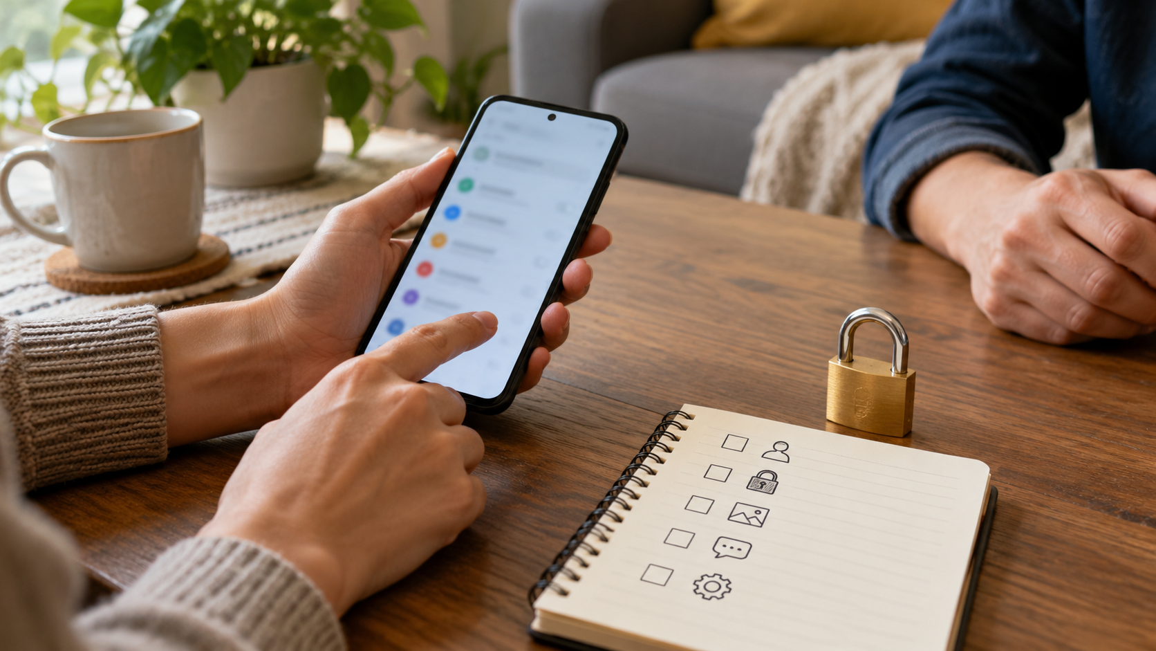 Hands reviewing a privacy checklist before lending an Android phone