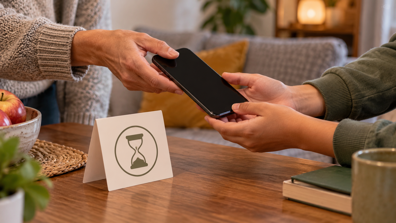 Hands exchanging a phone for a time-limited household loan